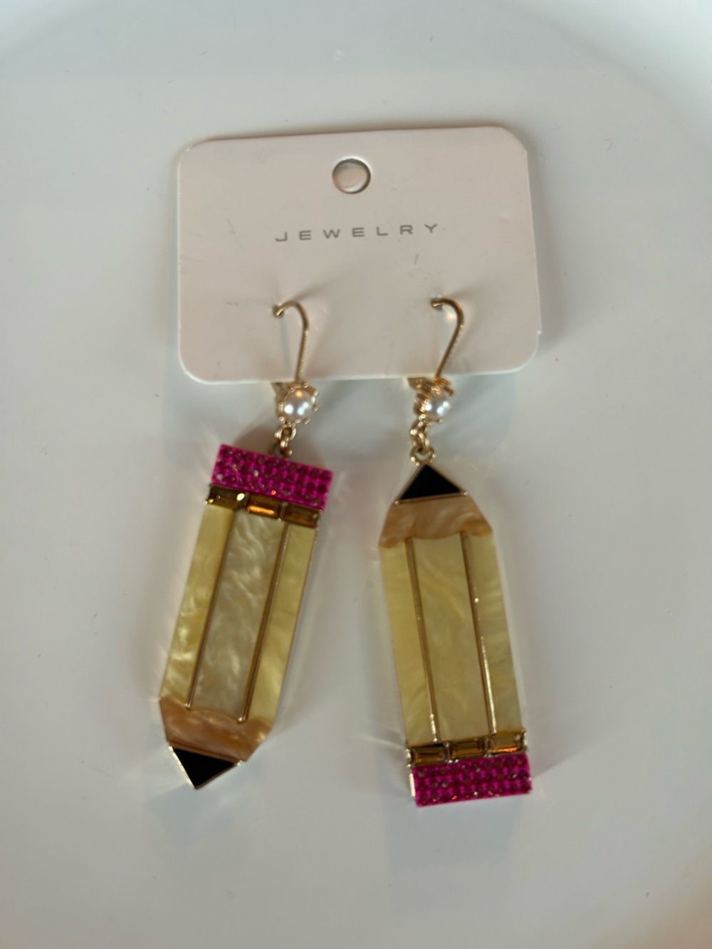 Gold-Tone Earrings with Pink Crystal Accent and Pearl Detail